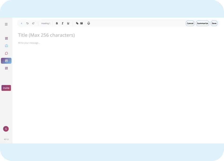 User interface of ORO AI's Notes app, featuring a blank note-taking space with options for title and content input, emphasizing organization and productivity.